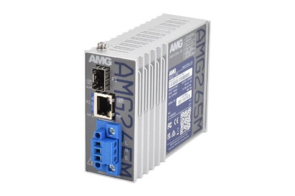 AMG Systems Mini Medienkonverter, 1 x 10/100BT RJ45 60/90W, 1 x 100/1GBFX SFP Slot, DIN Rail / Wandmontage, Terminal Mains Power, AMG265M-1FBT-1S-P90-T