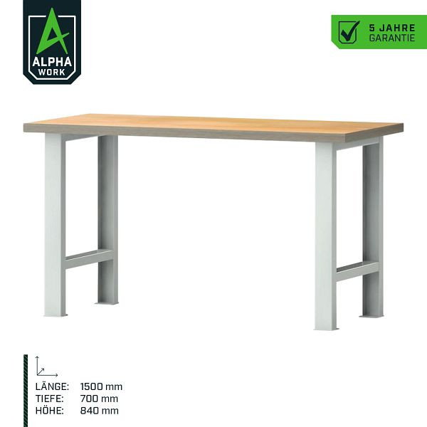 Alpha Work Reihenwerkbank Basic, 1500 x 840 x 700 mm, Lichtgrau, Buchen-Multiplexplatte, 07272