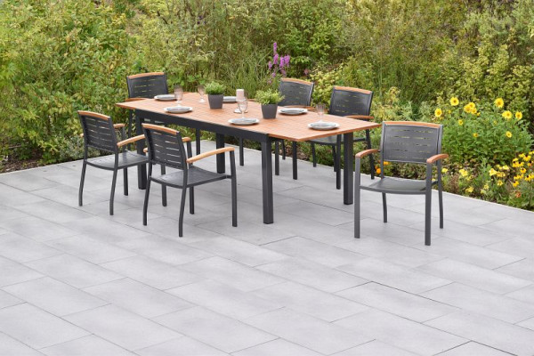Merxx Tinos Set 7-teilig, 6 Tinos Stapelsessel, 1 Ausziehtisch 180 (250) x 100 cm, Tischplatte aus Akazienholz, Aluminium mit FSC Akazienholz, 50815-217