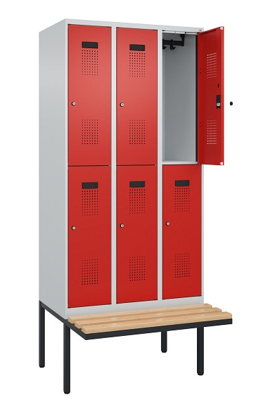 C+P Doppelstock-Spind Evolo PLUS, Bank, 6 Fächer, 2120x900x815mm, 7035/3020, Zylinderschloss, Sitzfläche Buche-Hartholz, 0493407-30 S10032