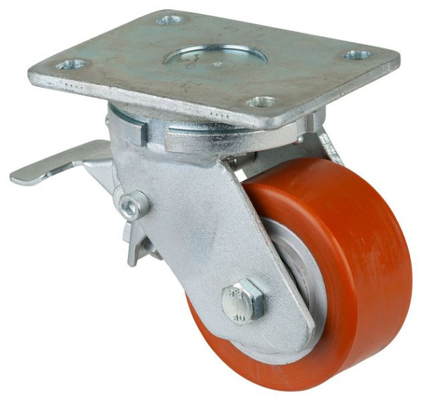 BS Rollen Schwerlastrolle mit Rad-/Feststeller, Breite 50 mm, Ø100 mm, bis 400 kg, Guss-Polyurethan 95 Shore A, Körper Guss, Kugellager, RR120.C10.101