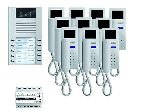 TCS Türkontrollsystem video:pack AP für 16 Wohneinheiten, mit Außenstation AVE 16 Klingeltasten, 16x Video Türtelefon IVH3222, Steuerung, PVE15160-0010