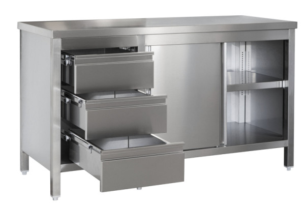 A&S Gastro Edelstahl Arbeitsschrank mit Schubladenblock links, Türen, Zwischenboden, Tiefe 600mm, AISI 304, 1900 x 600 x 850 mm, ARSSBL196