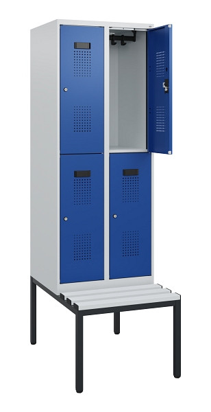 C+P Doppelstöckiger Spind Evolo PLUS, Bank, 4 Fächer, 1950x600x815mm, 7035/5010, Zylinderschloss, Sitzfläche Kunststoff, Sitzbank, 0493505-20 S10141