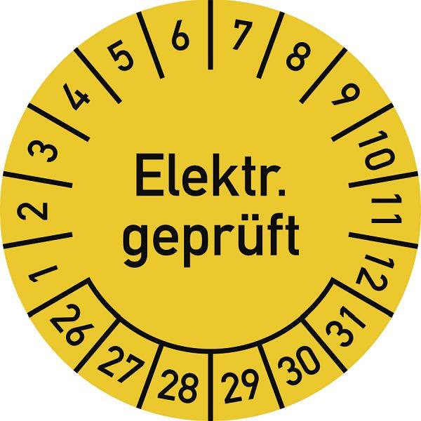 Moedel Prüfplakette Elektr. geprüft 2026 - 2031, Folie, Ø 30 mm, VE: 10 Stück/Bogen, 107097