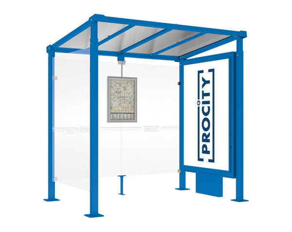 Procity Wartehalle Milano - 1 Leuchtkasten Mittelfuß + 1 Seitenverkleidung, Farbe RAL 5010, Maße: Breite 2500 x Höhe 2545 x Tiefe 1824 mm, 529230.5010