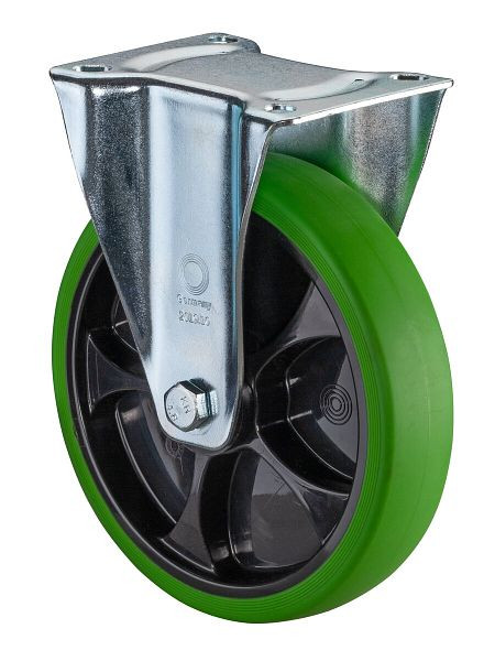 BS Rollen Transportrolle Bockrolle, thermoplastisches Gummirad, Reifen grün, Felge schwarz, Rollenlager, Platte, Durchmesser: 200 mm, L410.B44.201.04