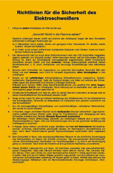 Schilder Klar Aushang Richtlinien für die Sicherheit des Elektroschweißers, 250x380x0.6 mm Aluminium glatt, 349/00