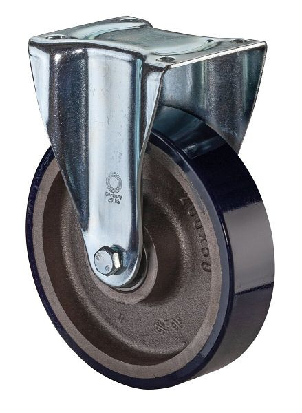 BS Rollen Schwerlastrolle, Bockrolle, Rad-Breite 50 mm, Rad-Ø 200 mm, Tragfähigkeit 600 kg, Guss-Polyurethan 78 Shore A, Guss, Kugellager, N110.C11.201