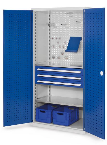 Kappes RasterPlan Schubladenschrank, Modell 12, RAL 7035/5010, Türinnenseite: Lochplatten, 1950 x 1000 x 600 mm, 3 Schubladen H 100 mm, 1460.02.3016