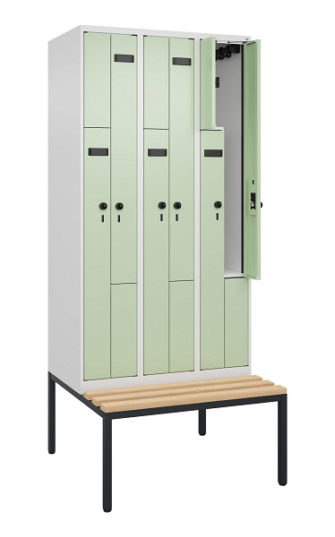 C+P Z-Spind Evolo PLUS, 6 Fächer, 2120x900x815mm, 9016/6019, Drehriegel, Sitzfläche Buche-Hartholz, Sitzbank, 0490537-306 S10018