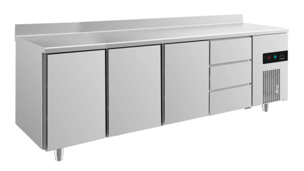 A&S Polarny Kühltisch -2 bis +8°C mit 3x Türen und 1x drei Schubladen rechts, 2330 x 700 x 850 mm, mit Aufkantung, KT4TTTDA