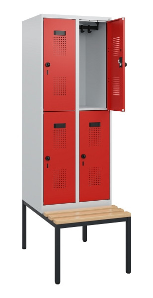 C+P Doppelstöckiger Spind Evolo PLUS, Bank, 4 Fächer, 1950x600x815mm, 7035/3020, Drehriegel, Sitzfläche Buche-Hartholz, Sitzbank, 0493505-20 S10005