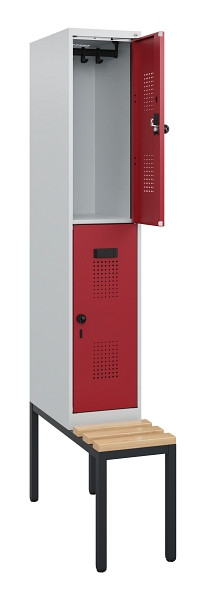 C+P Doppelstöckiger Spind Evolo PLUS, Bank, 2 Fächer, 1950x300x815mm, 7035/3003, Drehriegel, Sitzfläche Buche-Hartholz, Sitzbank, 0493505-10 S10004