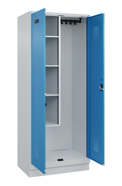 C+P Putzmittel-Spind Evolo PLUS, mit Sockel, 2 Abteile, 1950x800x500mm, 7035/501, Frontfarbe RAL 5012 Lichtblau, Zylinderschloss, 049120-02 S10034