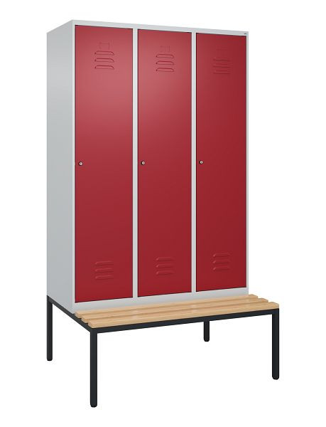 C+P Umkleidespind Classic PLUS mit Mitteltrennwand, Bank, 3 Abteile, 2120x1200x815mm, 7035/3003, Zylinderschlösser, Buche-Sitzleisten, 0800507-32F S10046