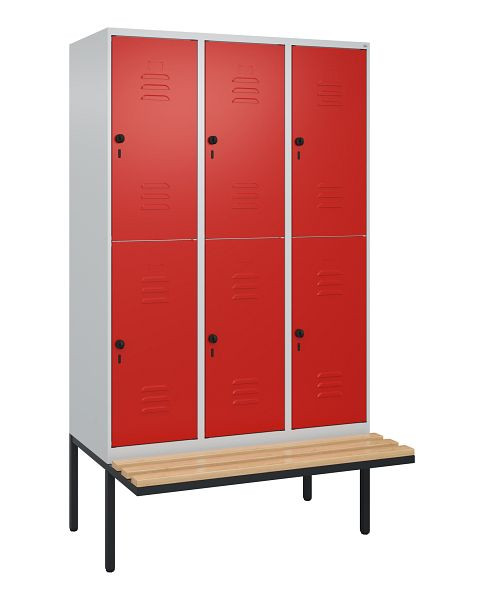 C+P Doppelstöckiger Spind Classic PLUS, 3 Abteile, 2120x1200x815mm, 7035/3020, Drehriegel, Sitzleisten aus Buche, schwebende Sitzfläche, 0803407-32 S10002