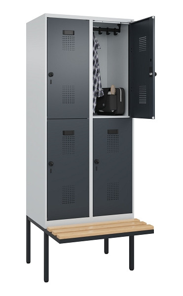 C+P Doppelstock-Spind Evolo PLUS, Bank, 4 Fächer, 2120x800x815mm, 7035/7016, Drehriegel, Sitzfläche Buche-Hartholz, 0493407-22 S10012