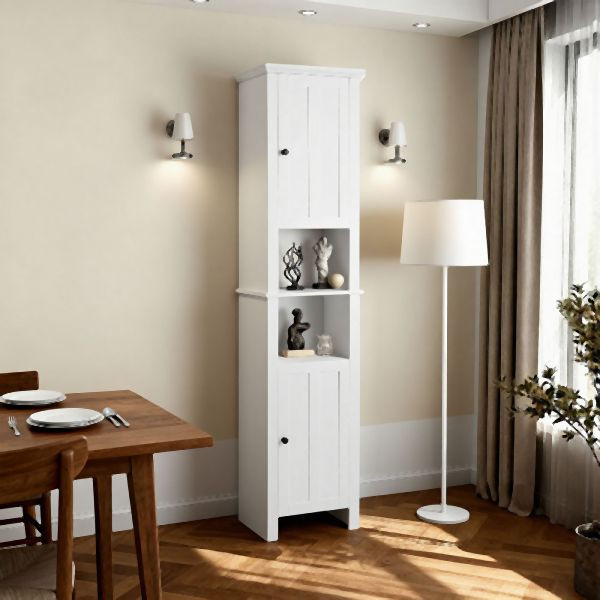 HOME NATURE WOHNKONZEPT Badezimmer Hochschrank, mit 6 Fächern und 2 Türen, Platzsparender Badschrank mit Regalen, 36,3x30x170,3cm, Weiß, YQ0306