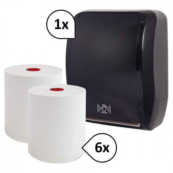 Produktbild von Blanc Hygienic SET: Handtuchrollenspender SENSOR, berührungslos, Blanc Cosmos + 6 Handtuchrollen PREMIUM TAD, Farbe: schwarz, PS-htz100-FS-4100S Blanc Hygienic SET: Handtuchrollenspender SENSOR, berührungslos, Blanc Cosmos + 6 Handtuchrollen PREMIUM TAD, Farbe: schwarz, PS-htz100-FS-4100S