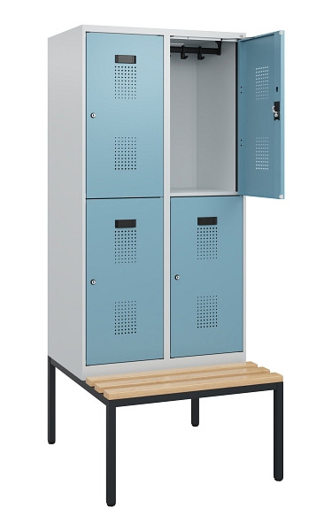 C+P Doppelstöckiger Spind Evolo PLUS, Bank, 4 Fächer, 1950x800x815mm, 7035/0010, Zylinderschloss, Sitzfläche Buche-Hartholz, Sitzbank, 0493505-22 S10035