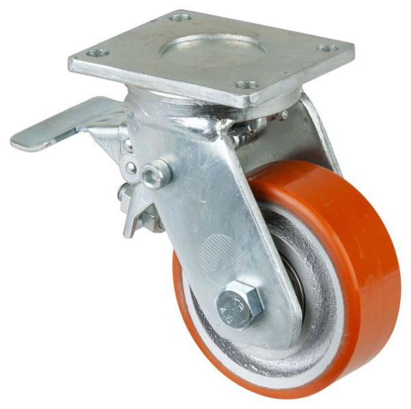 BS Rollen Schwerlastrolle mit Rad-/Feststeller, Breite 38 mm, Ø100 mm, bis 295 kg, Guss-Polyurethan 95 Shore A, Körper Guss, Kugellager, RR120.C10.100