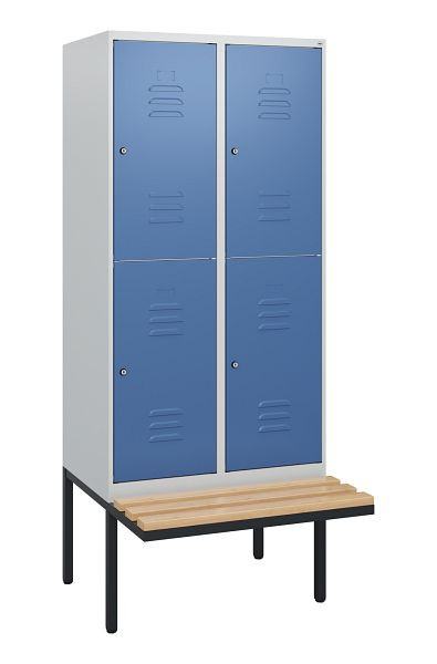 C+P Doppelstöckiger Spind Classic PLUS, 2 Abteile, 1950x800x815mm, 7035/5023, Zylinderschlösser, Buche-Sitzleisten, Sitzfläche, 0803405-22 S10035