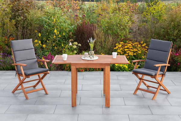 Merxx Comodoro Set 5-teilig, 2 Comodoro Klappsessel, 2 Auflagen, grau, 1 Balkonausziehtisch, 65 (130) x 70 cm, FSC Eukalyptusholz, 50021-800