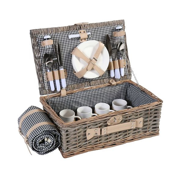 Mendler Picknickkorb-Set HWC-B24 für 4 Personen, Weiden-Korb, Porzellan Edelstahl, schwarz-weiß, 60140
