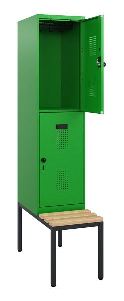 C+P Doppelstöckiger Spind Evolo PLUS, Bank, 2 Fächer, 1950x400x815mm, 6037/6037, Drehriegel, Sitzfläche Buche-Hartholz, Sitzbank, 0493505-12 S10036