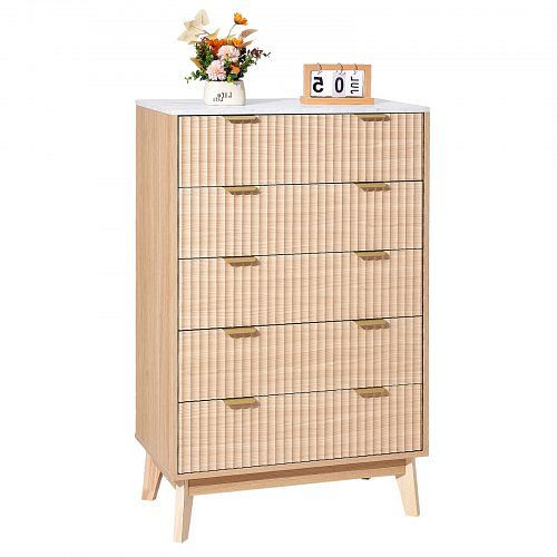 VEVOR Holzkommode mit 5 geriffelten Schubladen, moderner Retro-Schrank mit Kippschutz für Wohnzimmer/Schlafzimmer (helles Holz), XDBLKCTJ1L5COEAFX001V0