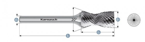 Karnasch Hartmetall-Frässtift unbeschichtet d= 12,0 / l2= 25 / d2= 6 / l1= 70mm Combi+Curve, 114020100
