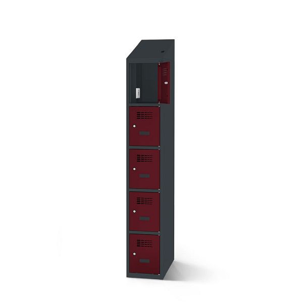 Rotstahl Fächerschrank, 5 Fächer, Stollenfüße, mit Ladefunktion, Schrägdach, Korpus: anthrazitgrau, Türen: weinrot, 2180-010500-0402112-7016-3005