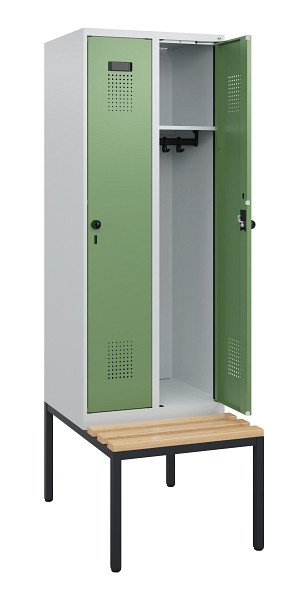 C+P Spind Evolo PLUS, 2 Abteile, 1950x600x815mm, 7035/6011, Drehriegel, Sitzfläche Holz, Sitzbank, 0490505-20 S10010