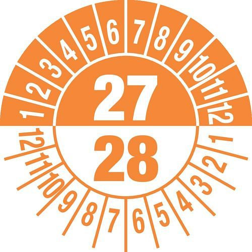 DENIOS Prüfplakette "27/28", orange, Folie, selbstklebend, 25 mm, VE: 5 Bogen à 15 Stück, 290102