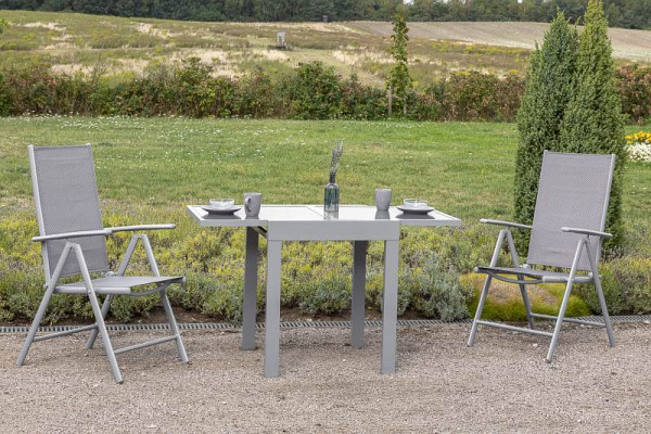 Merxx Amalfi Set 3-teilig, 2 Amalfi Klappsessel, Rückenlehne verstellbar, 1 Ausziehtisch 65 (130) x 65 cm, silber/diamantbraun, 50351-330