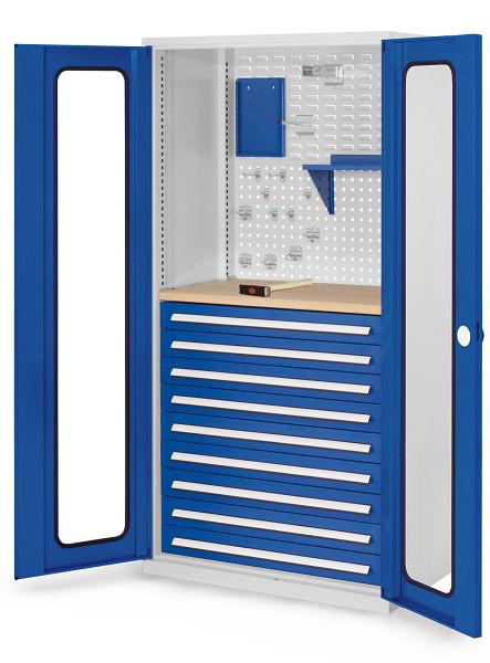 Kappes RasterPlan Schubladenschrank, Modell 37, RAL 7035/5010, Sichtfenstertüren 1950 x 1000 x 600 mm, 9 Schubladen H 100 mm, 1460.07.5016