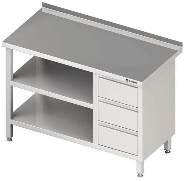 Stalgast Arbeitstisch mit Grund und Zwischenboden, 900x700x850 mm, mit 3er Schubladenblock links, mit Aufkantung, verschweißt, VAT09710LA