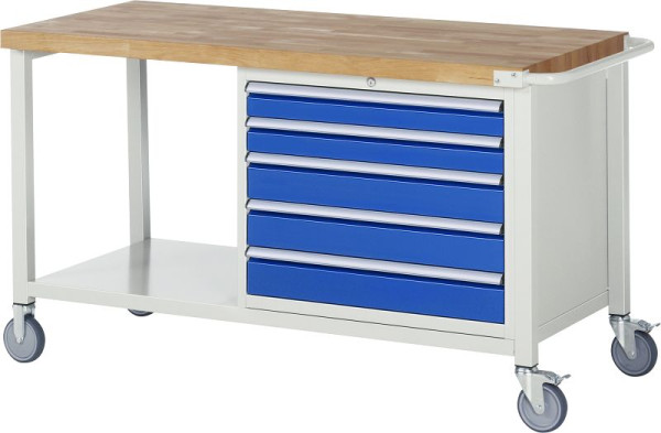 RAU Fahrbare Werkbank 8000 - Modell 8271, B1500 x T700 x H880-1080 mm, Unterbau-Container rechts, 5x Schubladen: 2xH90, 3xH120 mm, 05-8271A6-157B4H.11