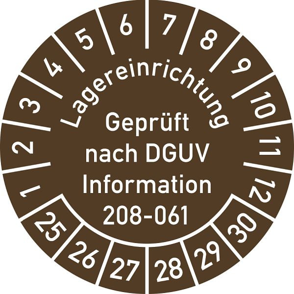 Moedel Prüfplakette Lagereinrichtung DGUV-208-061, 2025-2030, Folie, Ø 30mm, VE: 10 Stück/Bogen, 108002