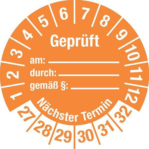 DENIOS Prüfplakette "Geprüft am/Nächster Termin", 27 - 32, orange, Folie, SK, 30 mm, VE: 5 Bogen à 15 Stück, 290150