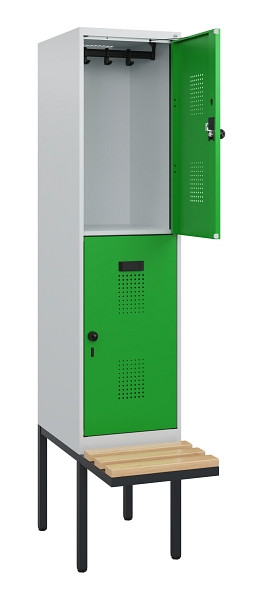 C+P Doppelstock-Spind Evolo PLUS, Bank, 2 Fächer, 1950x400x815mm, 7035/6037, Drehriegel, Sitzfläche Buche-Hartholz, 0493405-12 S10011