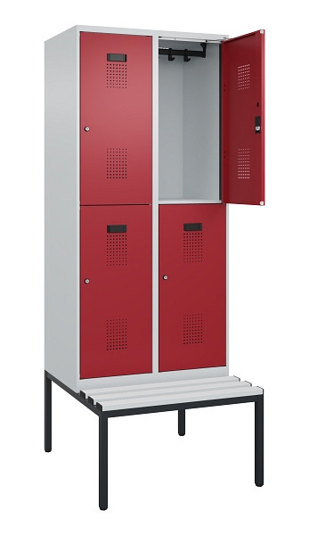 C+P Doppelstock-Spind Evolo PLUS, Bank, 4 Fächer, 2120x800x815mm, 7035/3003, Zylinderschloss, Sitzfläche Kunststoff, Sitzbank, 0493507-22 S10112