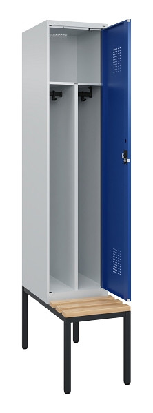C+P Spind Evolo PLUS, 1 Abteile, 2120x400x815mm, 7035/5010, Haken 4, Zylinderschloss, Sitzfläche Buche-Hartholz, Sitzbank, Trennwand, 0490507-12F S10033