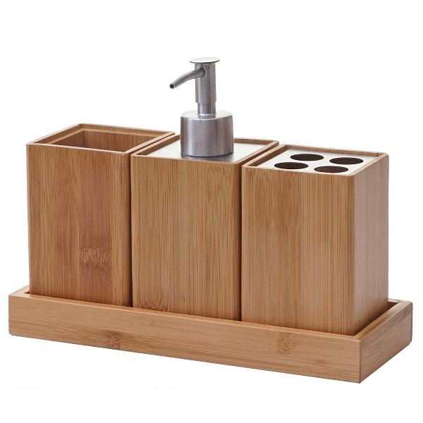 Mendler 4-teiliges Badset HWC-B85, Badezimmerset Badaccessoires Seifenspender Zahnbürstenhalter, Bambus, 60733