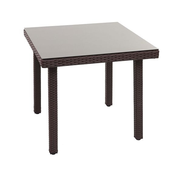 Mendler Poly-Rattan Gartentisch Cava, Esstisch Beistelltisch Tisch mit Glasplatte, 80x80cm, braun, 71997