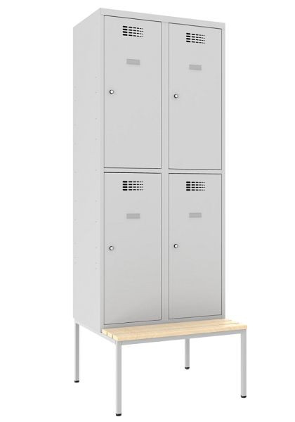 KEMMLIT Garderobenspind mit 2 Abteilen und 4 Türen 40cm mit Sitzbank, Lichtgrau 7035, Zylinderschloss, 100297