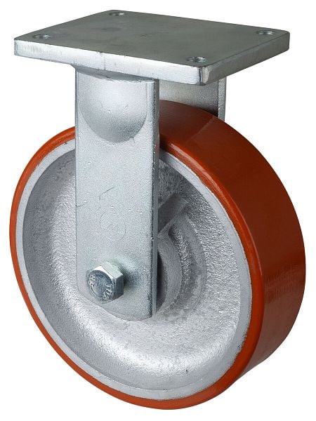 BS Rollen Schwerlastrolle, Bockrolle, Rad-Breite 75 mm, Rad-Ø 250 mm, Tragfähigkeit 1600 kg, Guss-Polyurethan 95 Shore A, Guss, Kugellager, RR110.C10.251