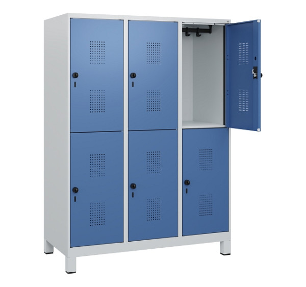 C+P Doppelstöckiger Spind Evolo PLUS, Füße, 6 Fächer, 1630x1200x500mm, 7035/5023, Drehriegel, 0493105-32 S10008