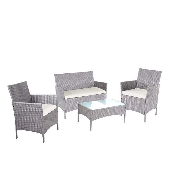 Mendler 2-1-1 Poly-Rattan Garten-Garnitur Halden, Sitzgruppe Lounge-Set Sofa, grau, Kissen creme, 64303+64279+64309